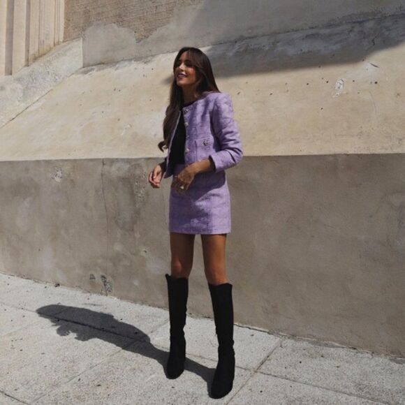 SET Mango Houndstooth Blazer Jacket Skirt Buttons Lilac New - Picture 2 of 11